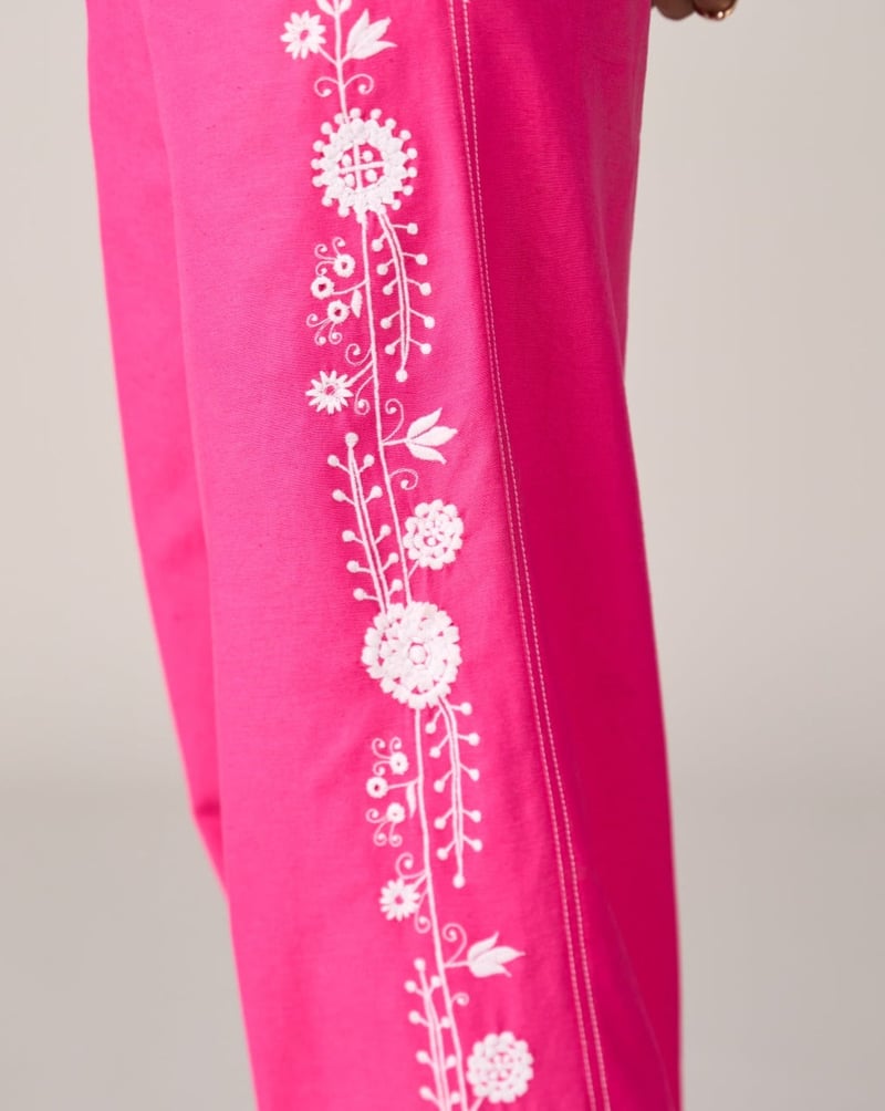 Pink Wide-Leg Embroidered Trousers