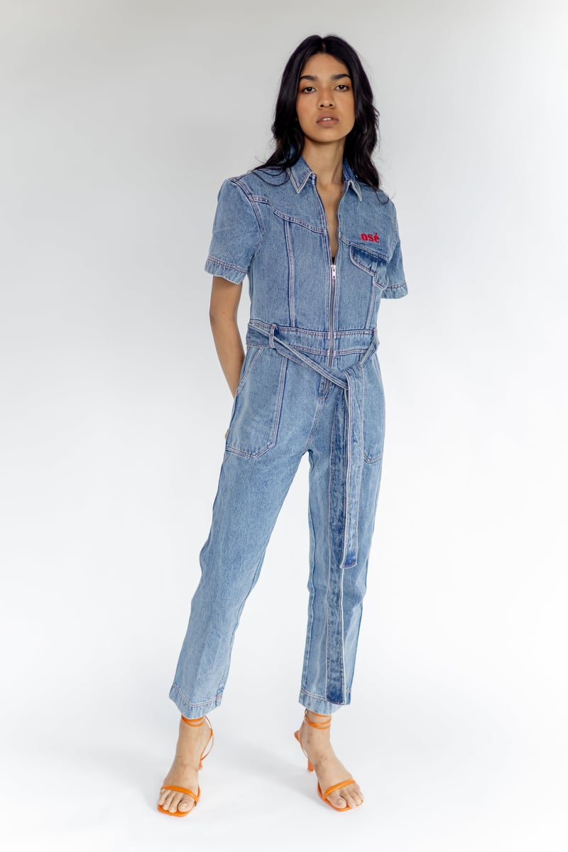 Blue Washed Denim Zip-Front Belted Jumpsuit