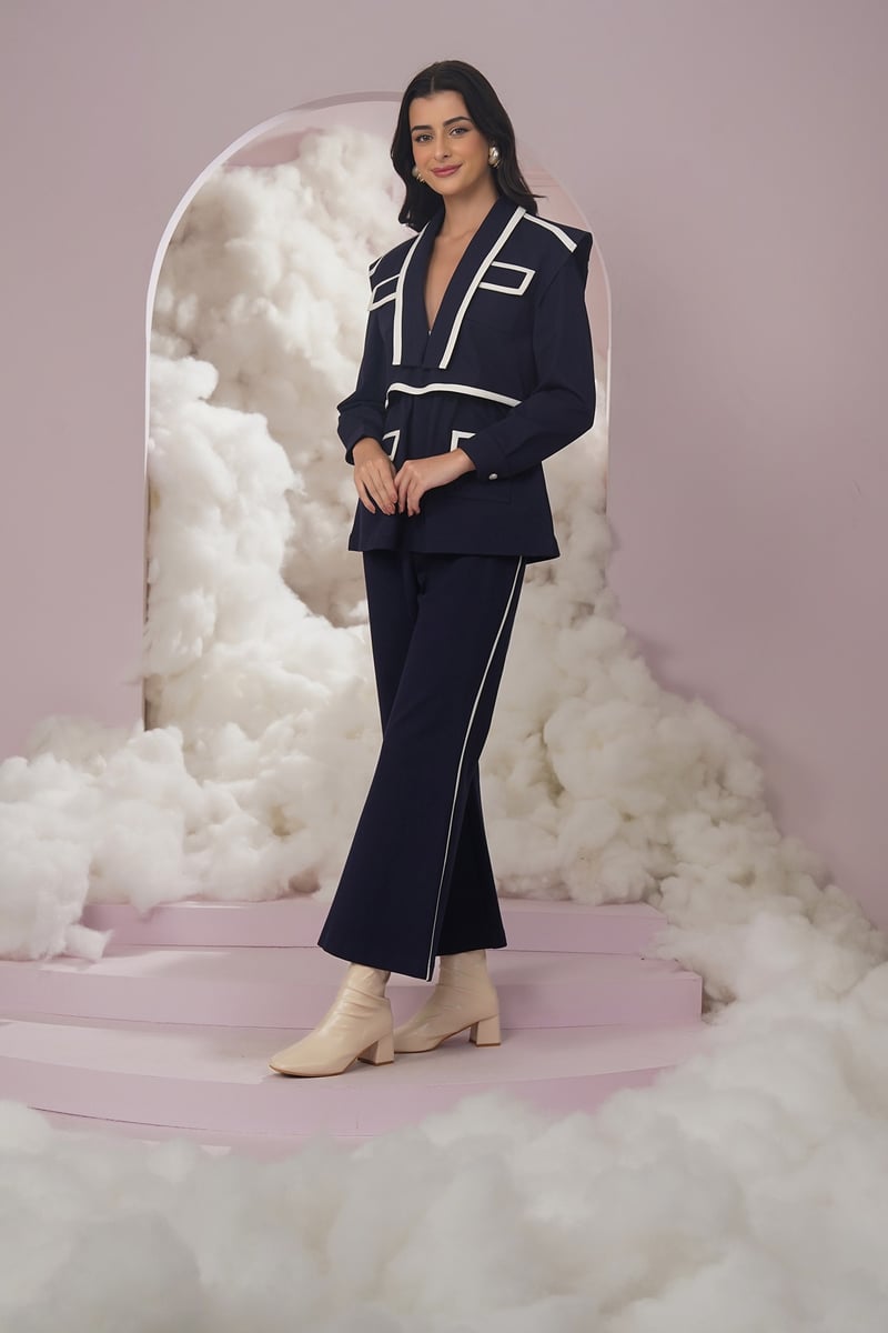 Navy High-Rise Bootcut Trousers with Contrast Piping