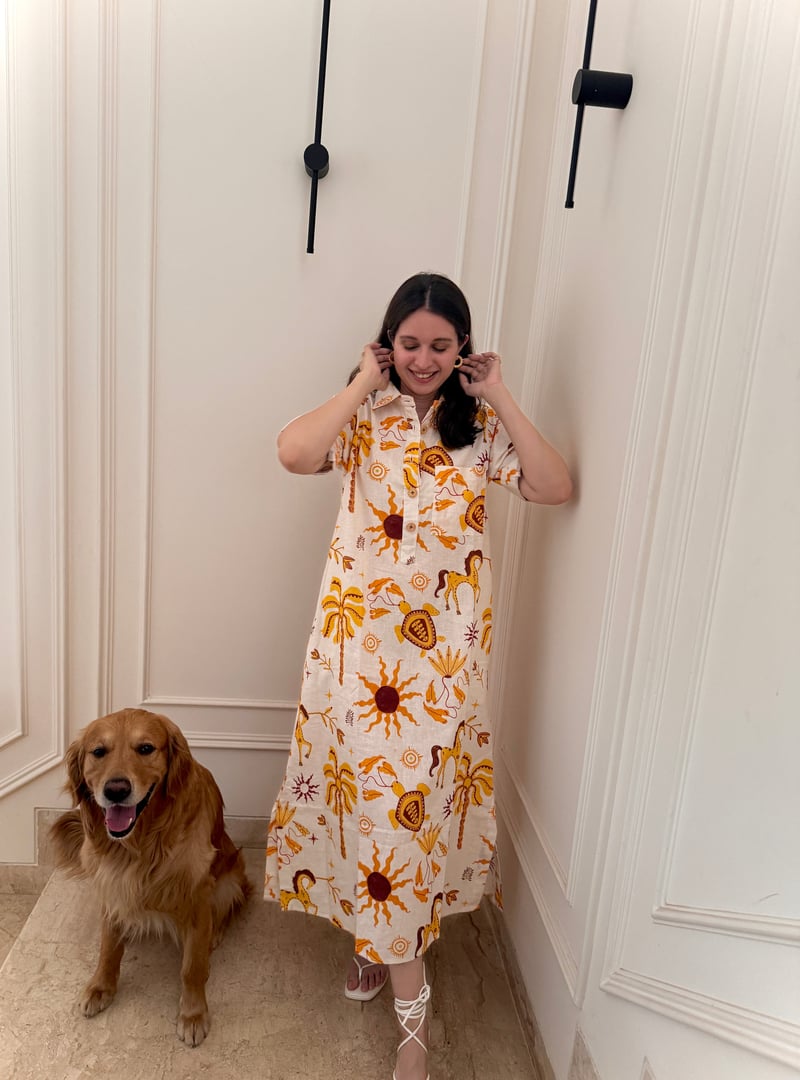 White/Yellow Graphic Print Kaftan Maxi Dress