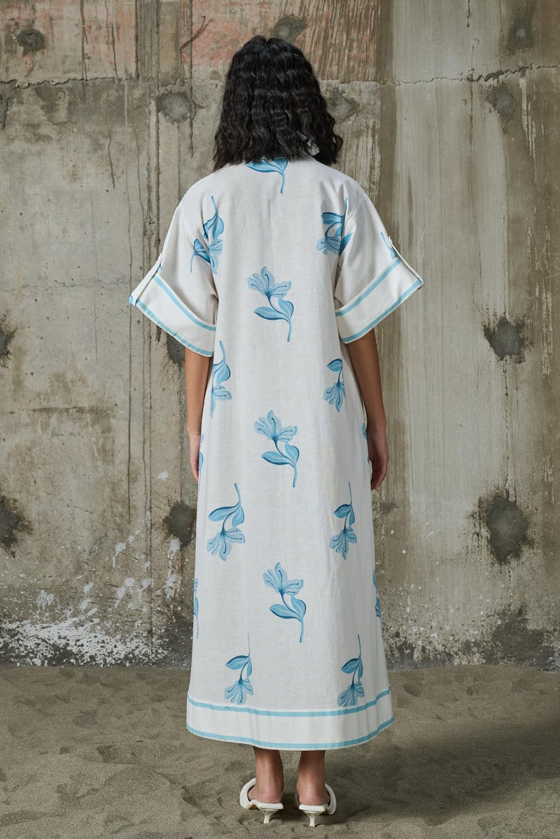 White Linen Maxi Shirt Dress with Blue Floral Print