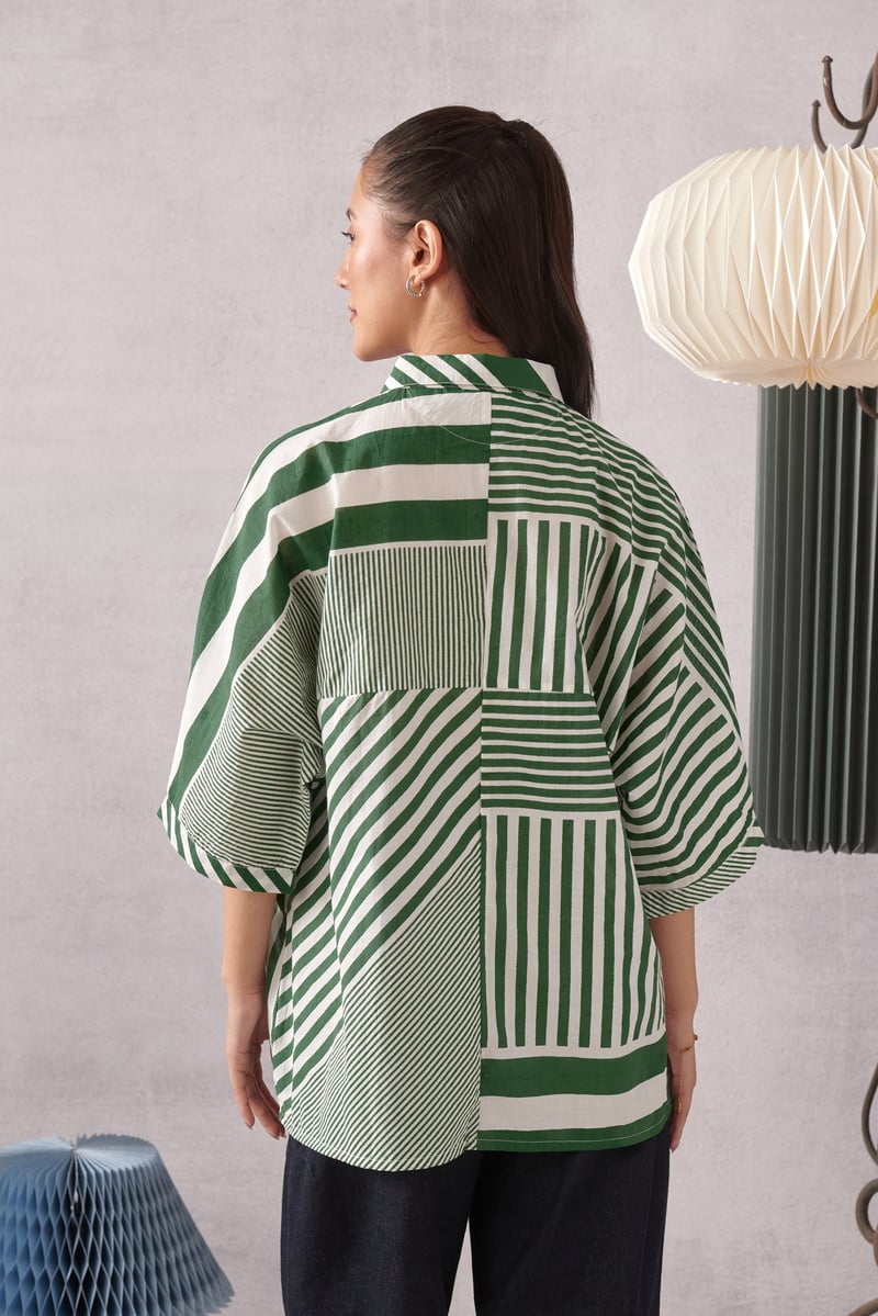 Green and White Striped Relaxed Cotton Shirt