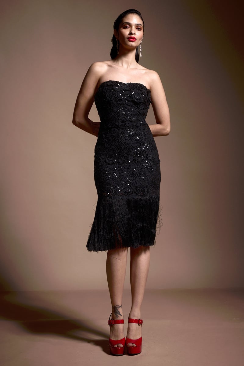 Black Strapless Sequin Lace Fringe Hem Midi Dress