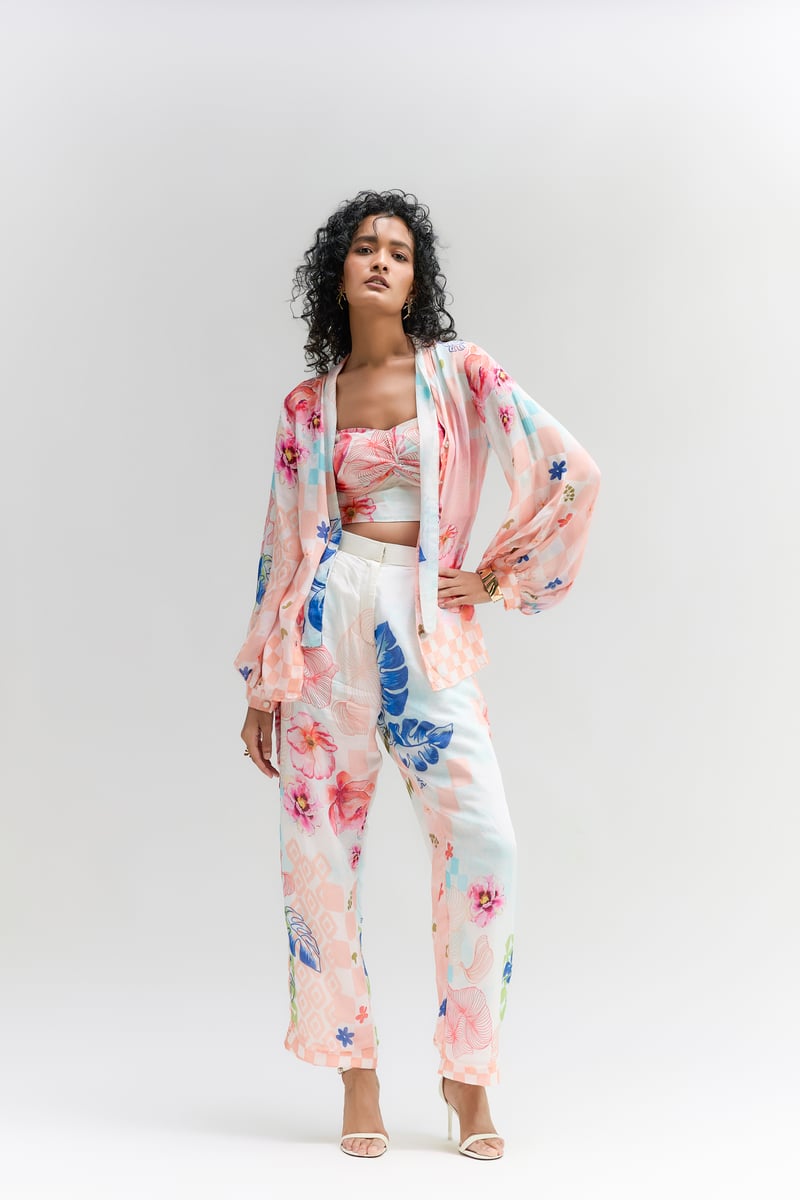 Multi Coloured Silk Abstract Floral Printed Pants