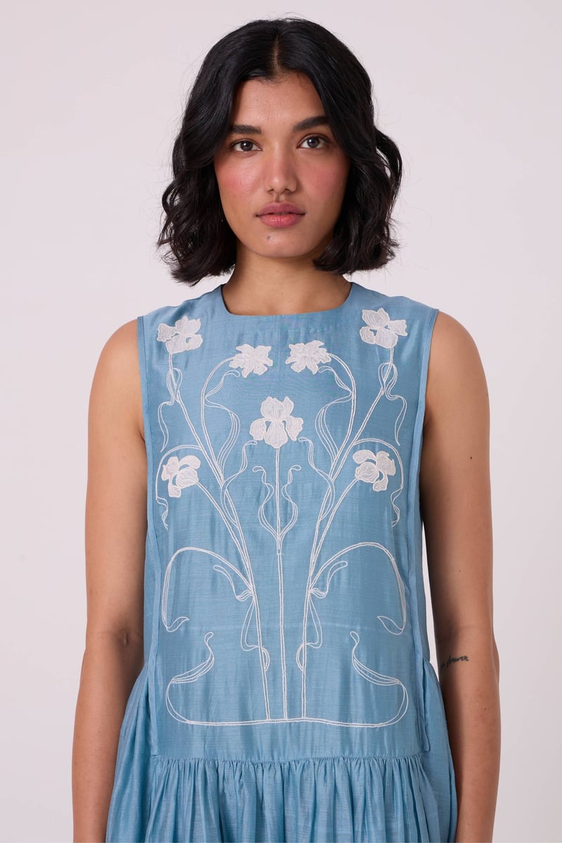 Blue Handwoven Chanderi Embroidered Maxi Dress
