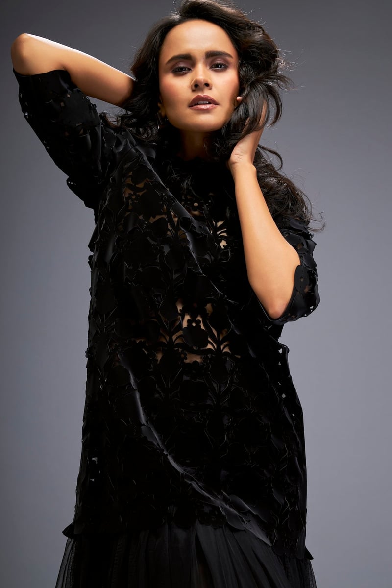 Black Cutwork Shift Dress with Sheer Net Hem
