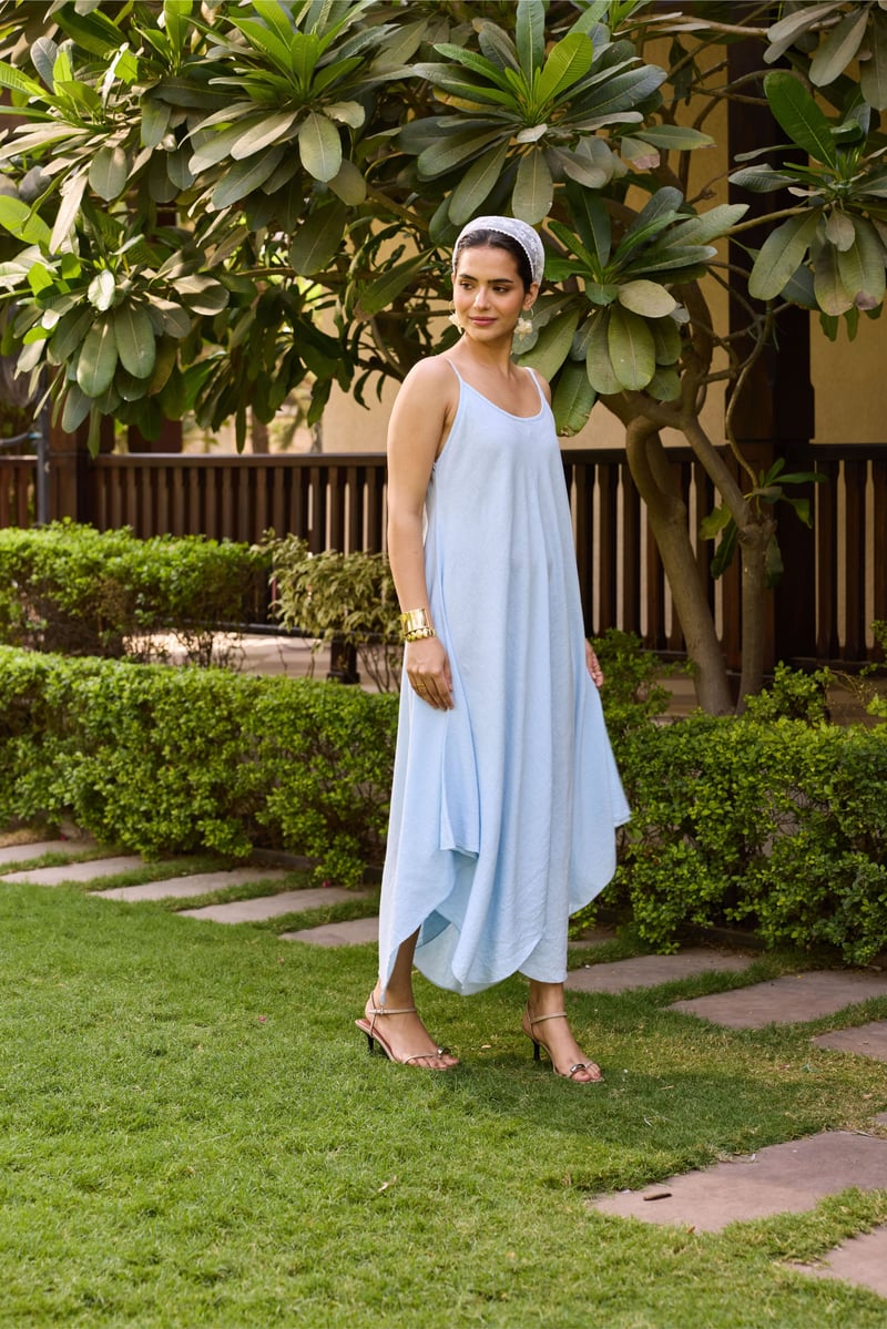 Light Blue Asymmetrical Hem Strappy Maxi Dress