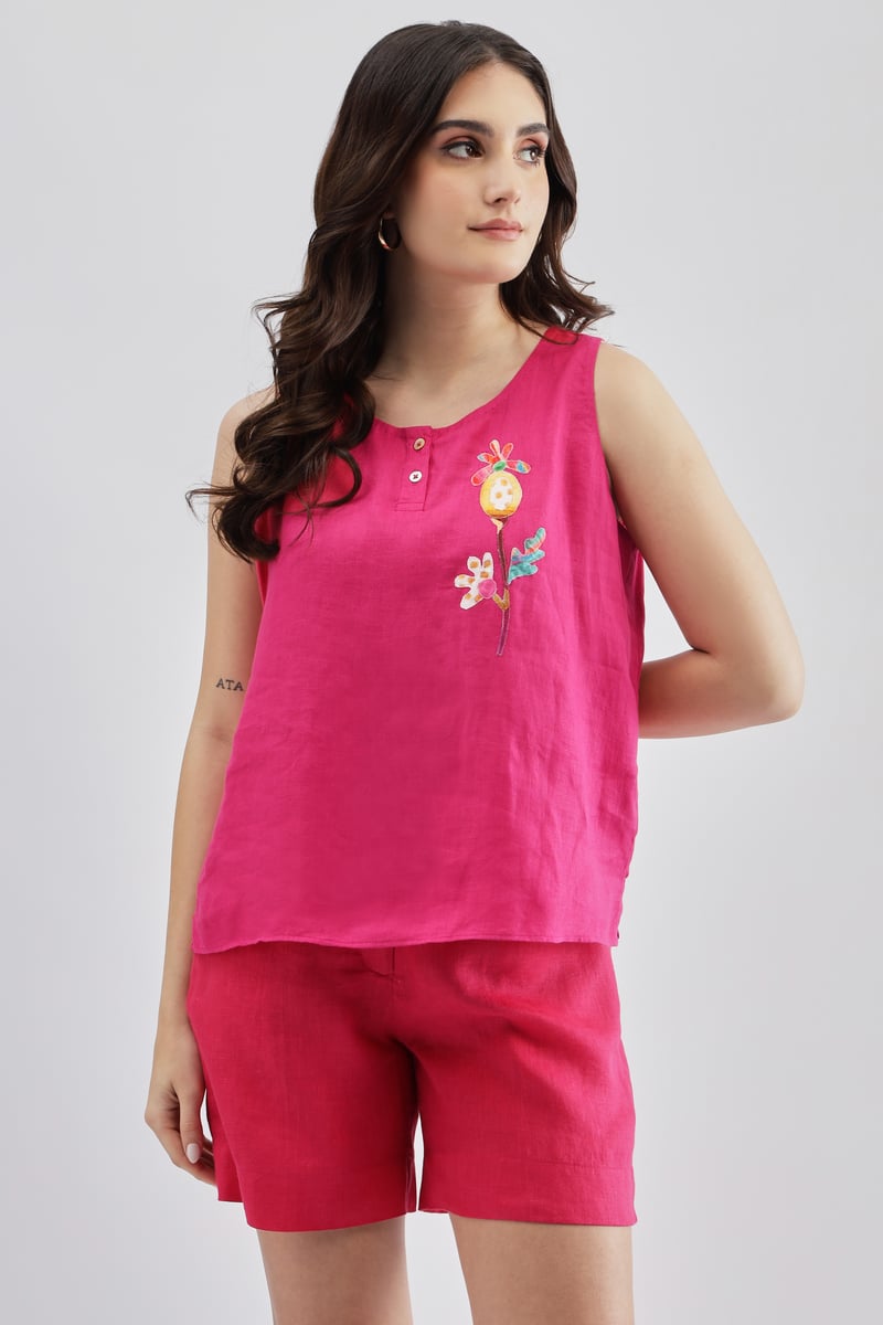Fuchsia Linen Sleeveless Round-Neck Top with Embroidery