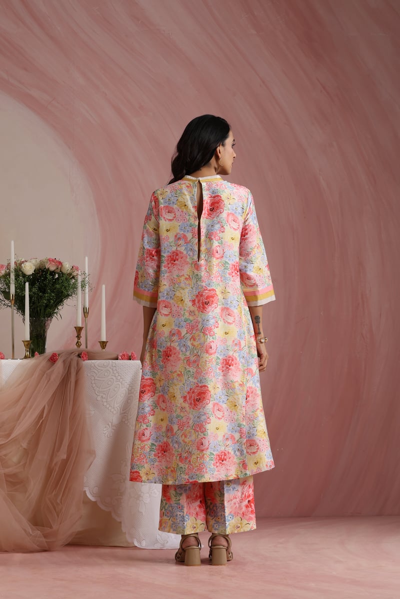 Ivory Floral Printed A-Line Kurta Set with Wide-Leg Trousers