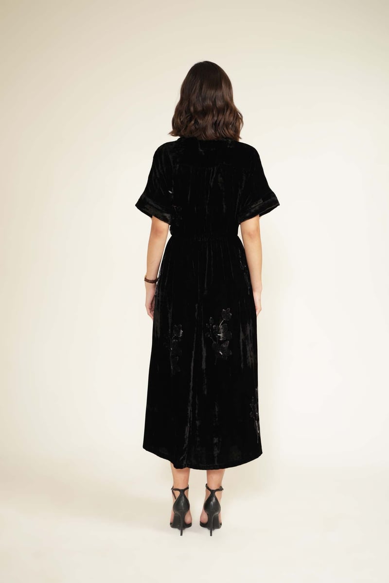 Black Silk Velvet Button-Front Midi Shirt Dress