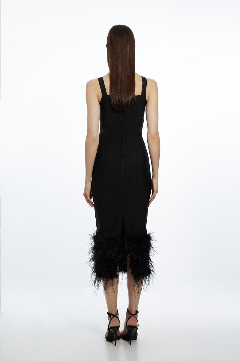 Black Bandage Knit Bodycon Midi Dress With Feather Hem