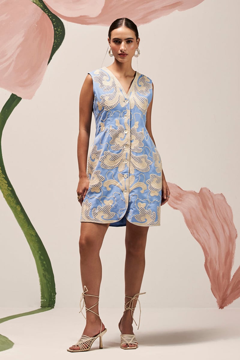 Blue Linen Cutwork Embroidered Button-Front Mini Dress — BOHO-CHIC