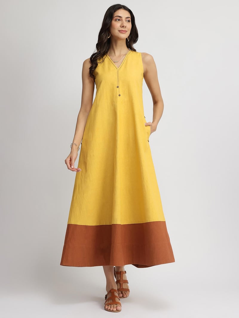 Yellow & Rust Colorblock A-Line Maxi Dress