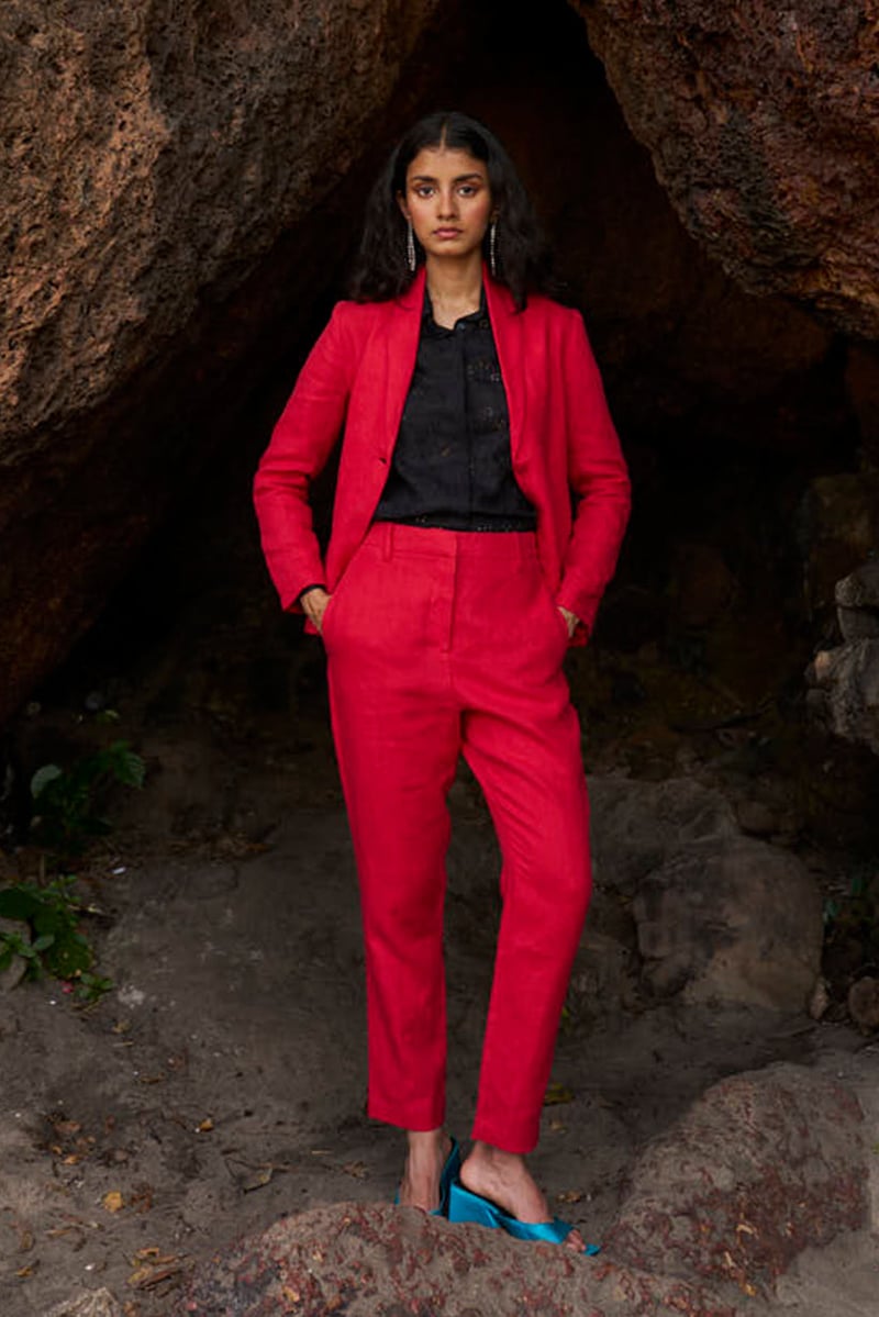 Red Linen Shawl Lapel Single-Button Tailored Blazer