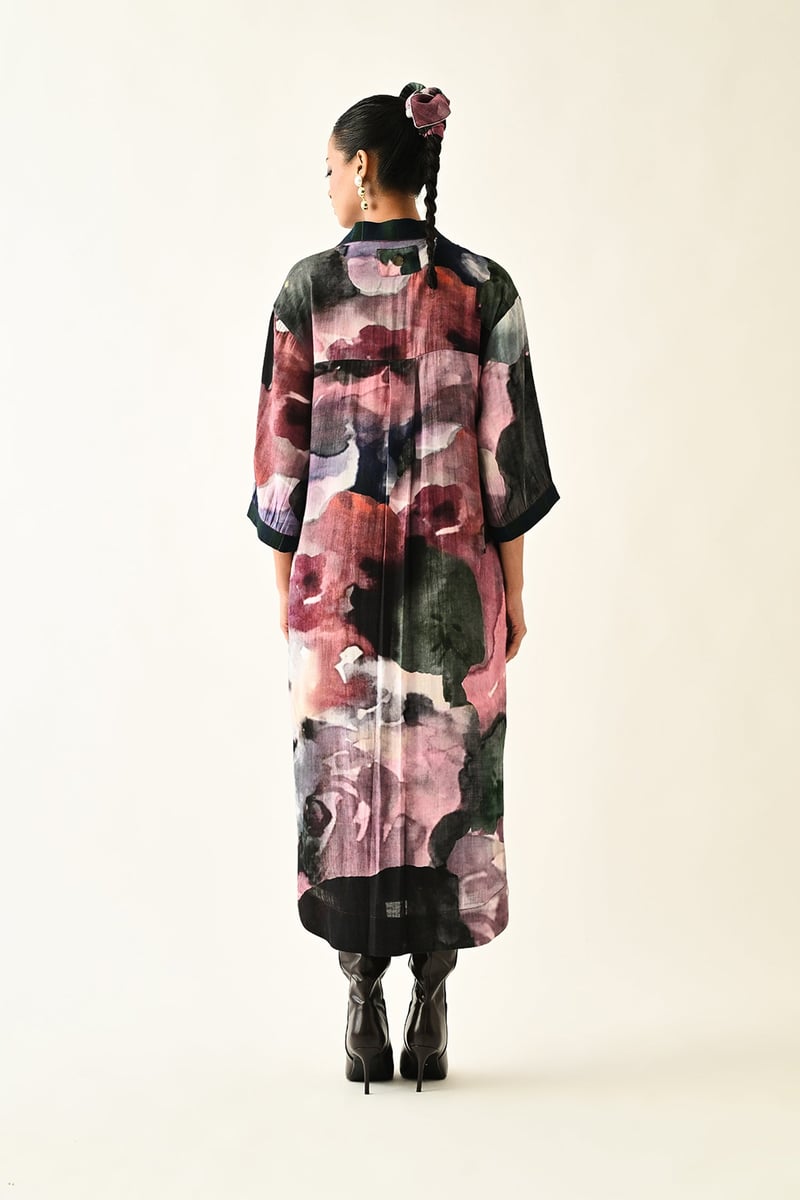 Multicolor Abstract Print Button-Front Midi Shirt Dress