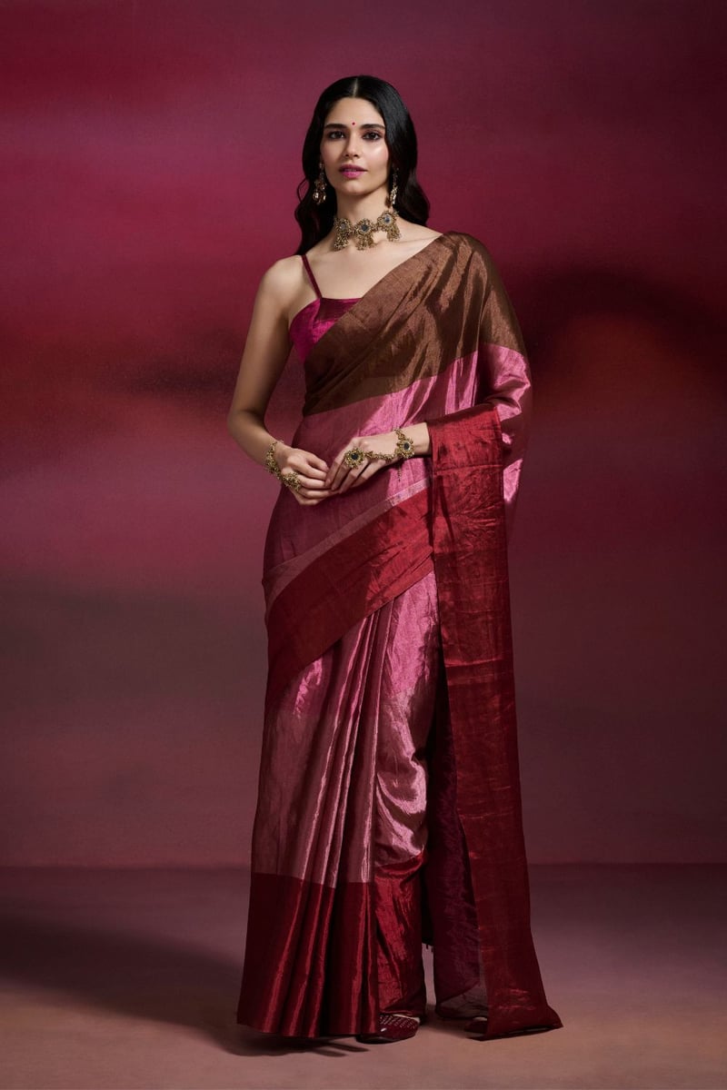 Metallic Tissue Colorblock Saree in Red Pink Brown