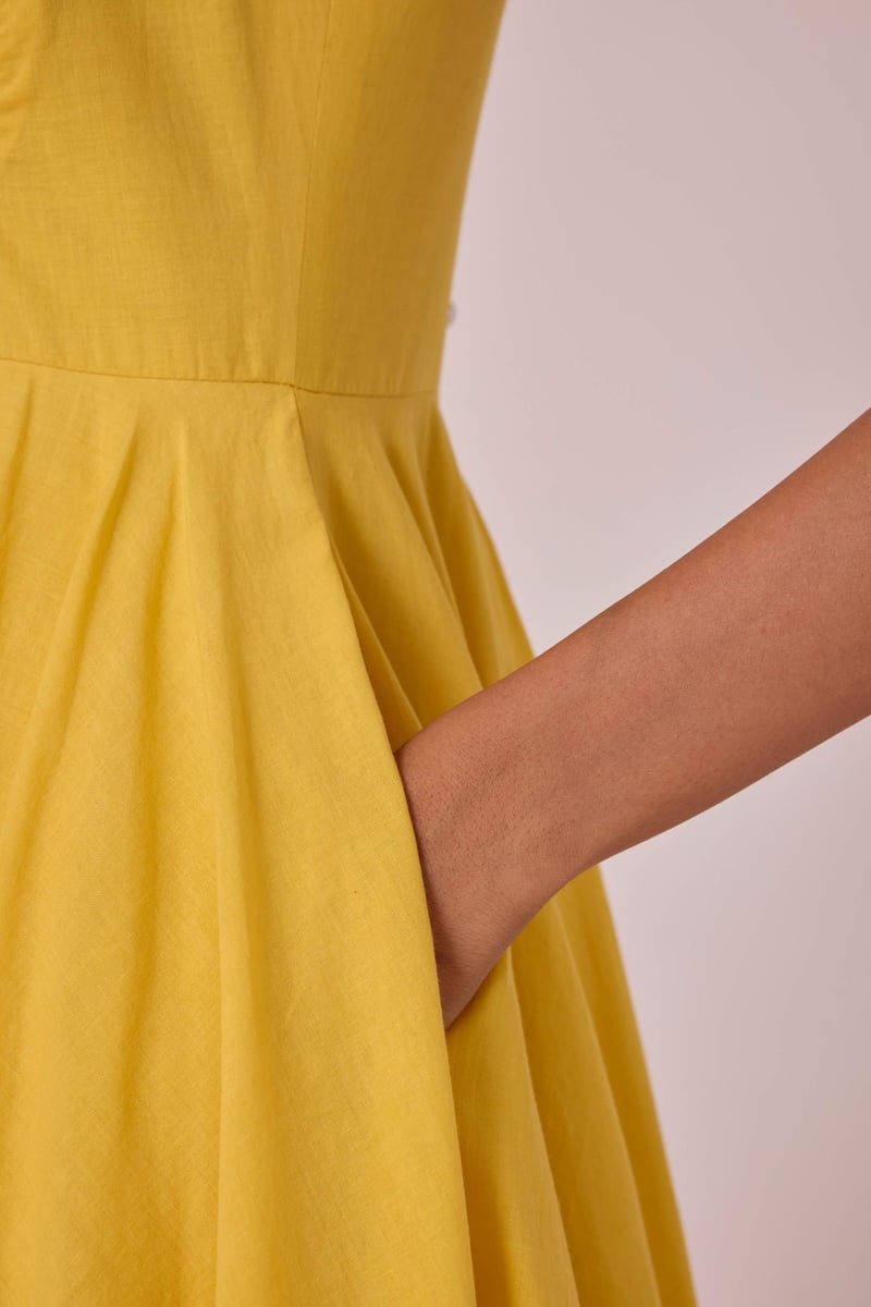 Yellow Fit and Flare Square Neck Midi Dress