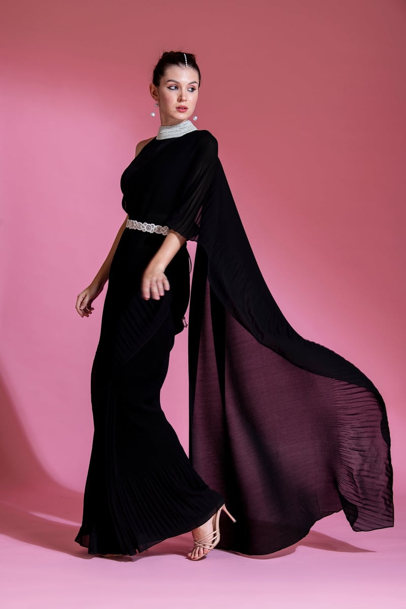 Midnight Black Pre-Draped Pleated Georgette Saree Set — PREETI MEHTA