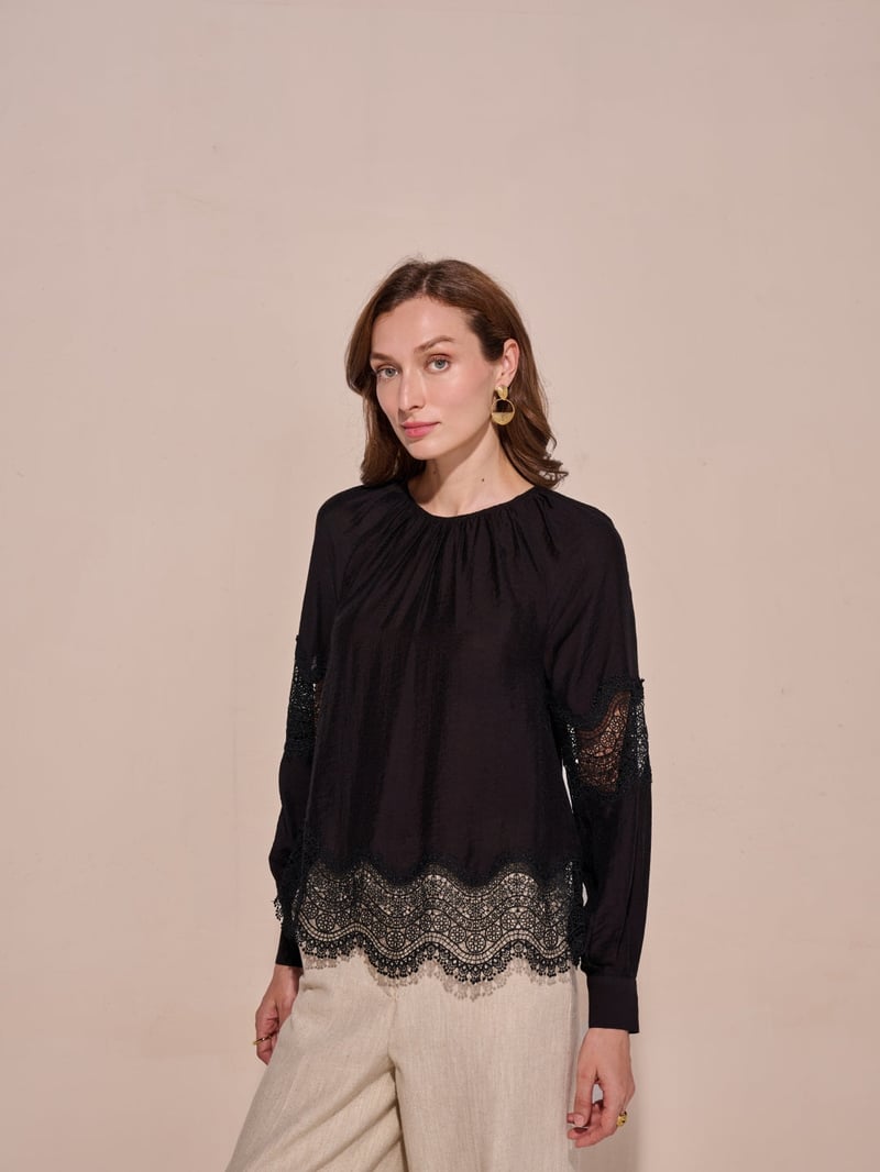Black Flowy Lace-Detail Top with Full Sleeves