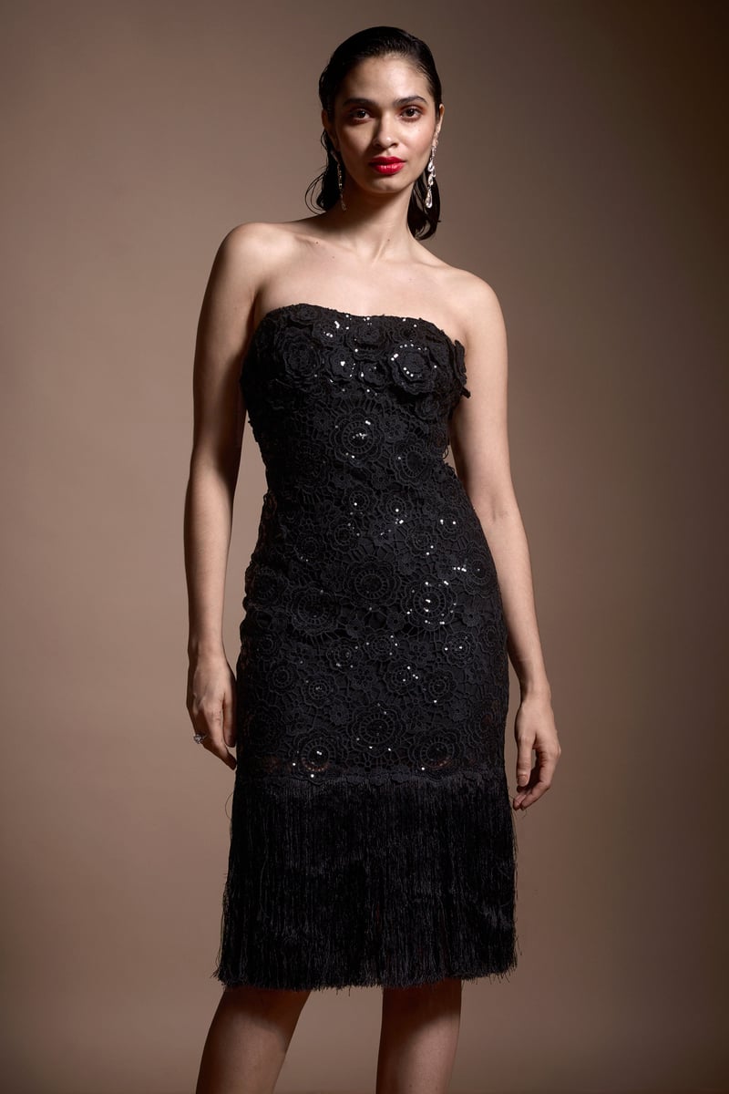 Black Strapless Sequin Lace Fringe Hem Midi Dress