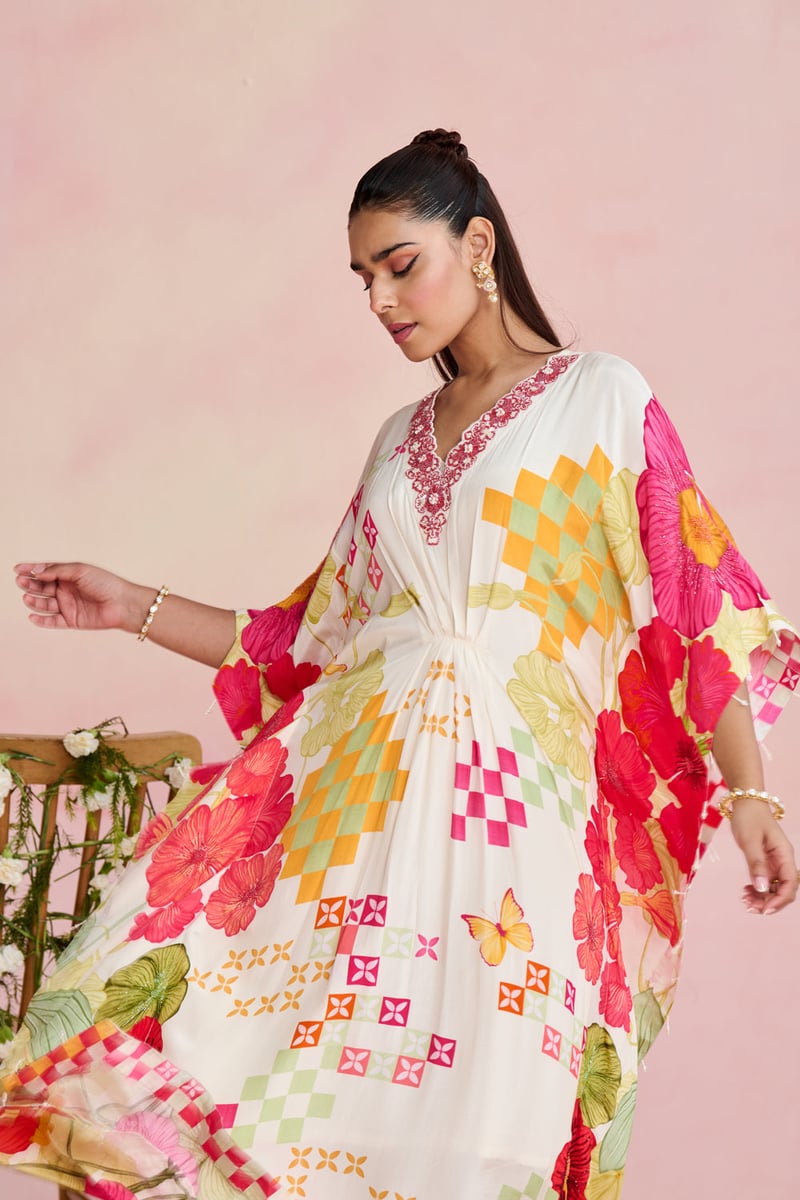 Multicolor Printed Crepe Kaftan with Embellished V-Neck