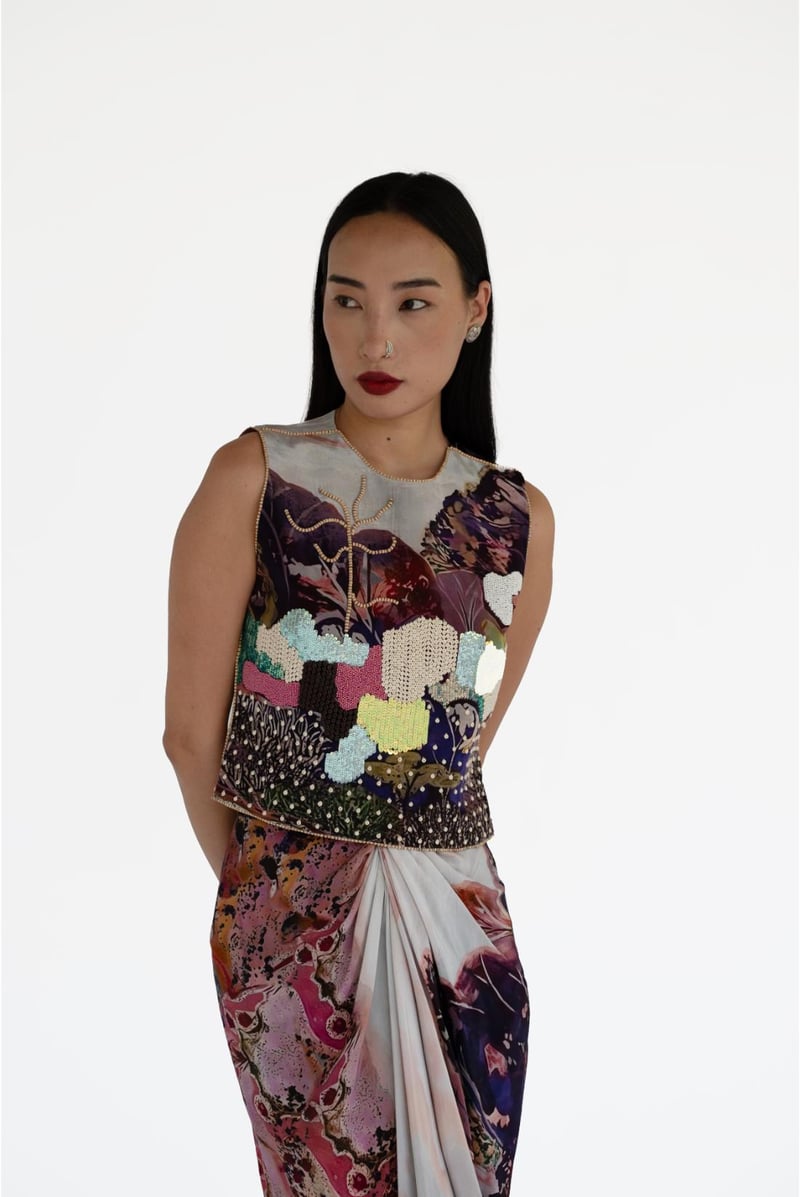 Rose Pink Printed Blouse and Draped Maxi Skirt Co-ord Set