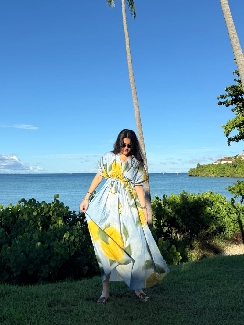 Blue Citrus Print Cotton Poplin Midi Dress with Waist Tie