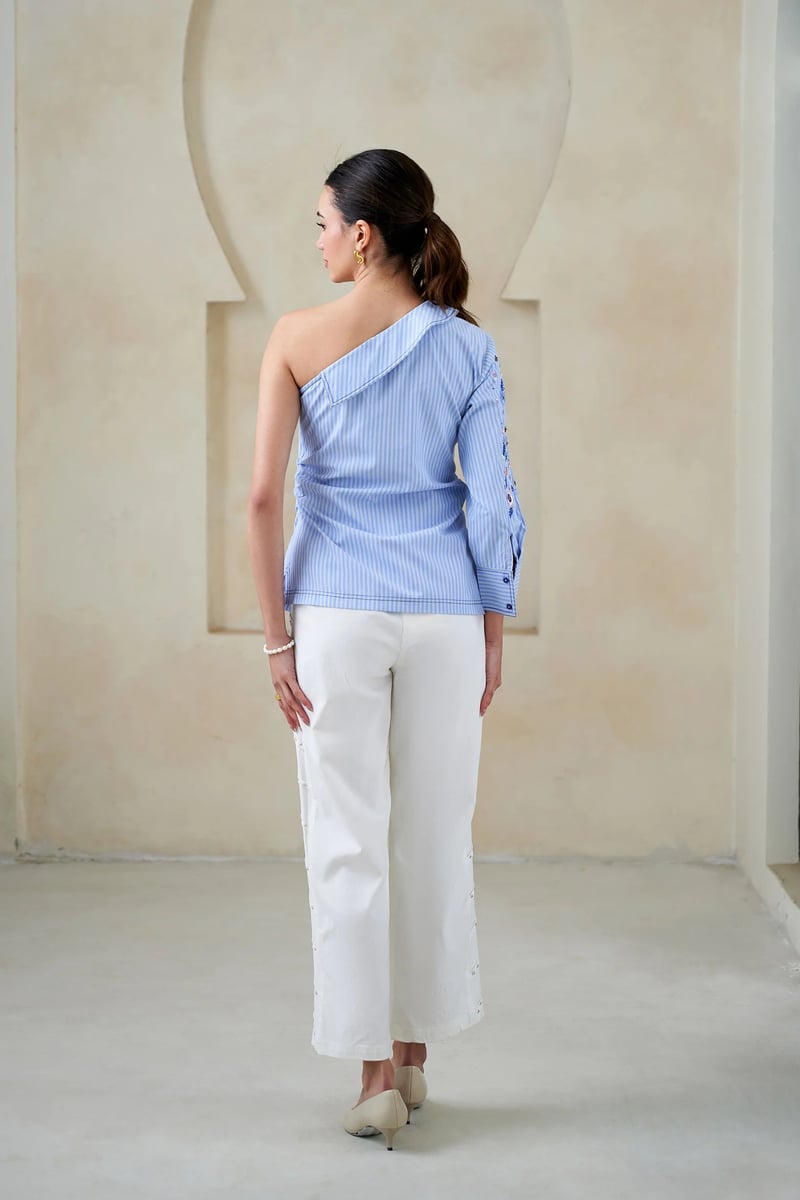 Blue One-Shoulder Striped Cotton Top with Sequin Sleeve