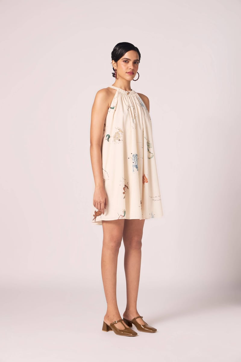 Beige Zodiac Print Halter Mini Dress with Bow-Tie Back