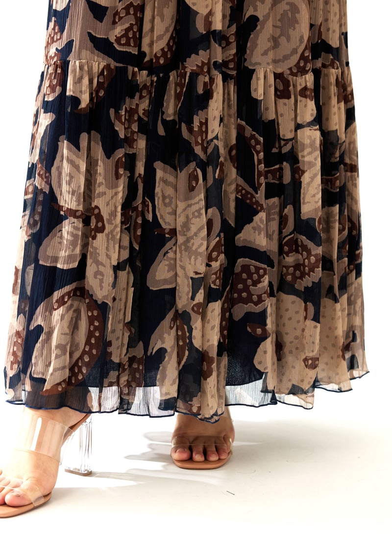 Dark Blue And Beige Floral Long Dress