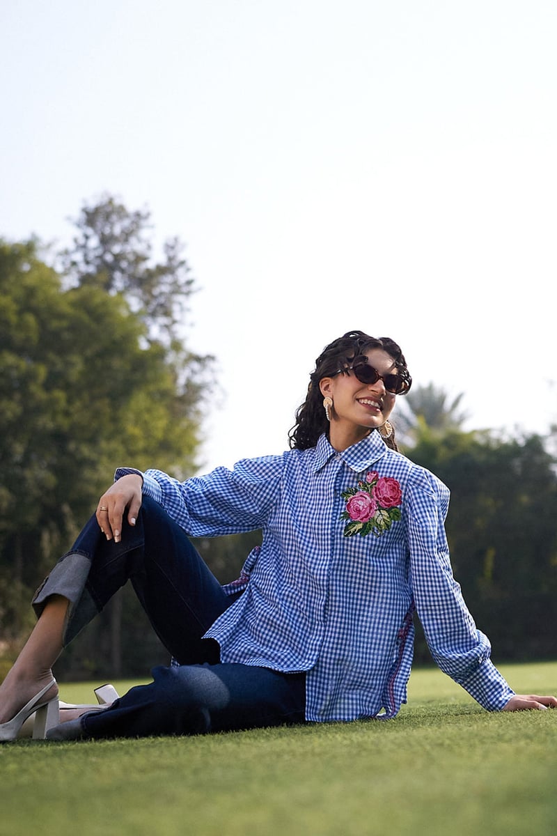 Blue Checked Cotton Shirt with Cross-Stitch Floral Motif