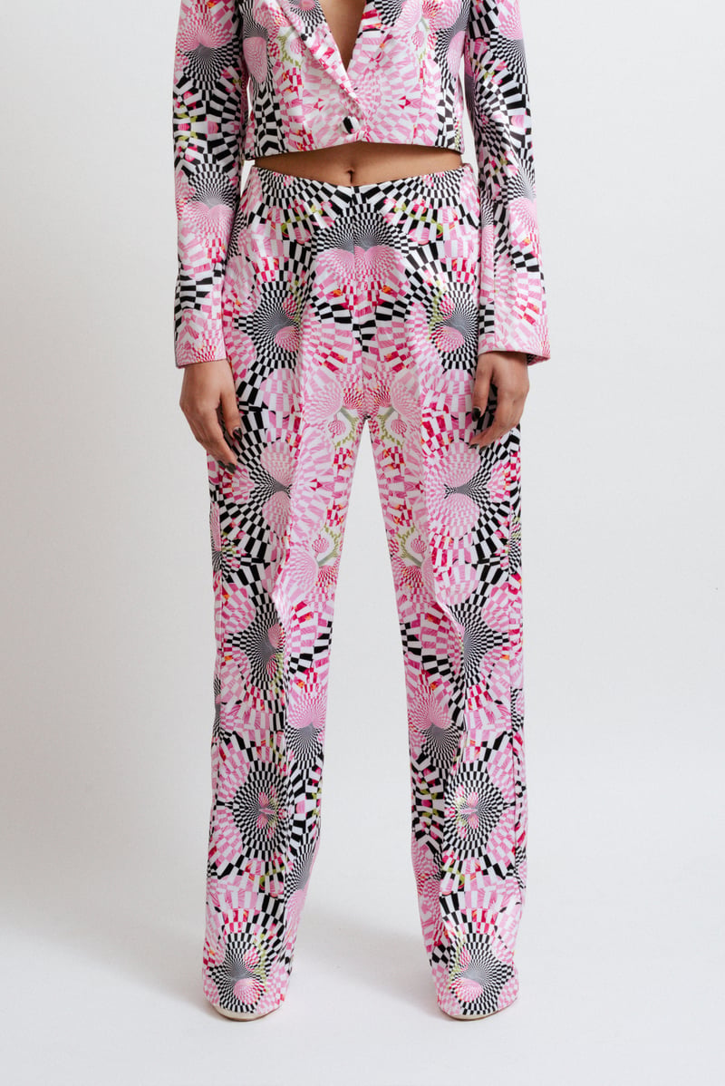 Multicolor Optical Print High-Rise Straight-Leg Trousers