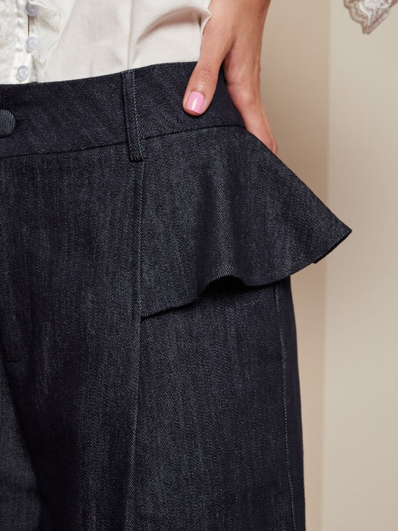 Dark Denim High-Waist Peplum Wide-Leg Trousers