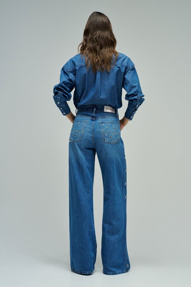 Blue Very High-Waist Wide-Leg Jeans with Eyelets