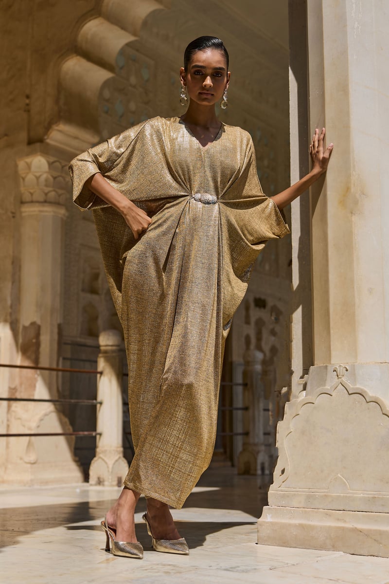 Gold Metallic Draped Maxi Kaftan with V-Neck