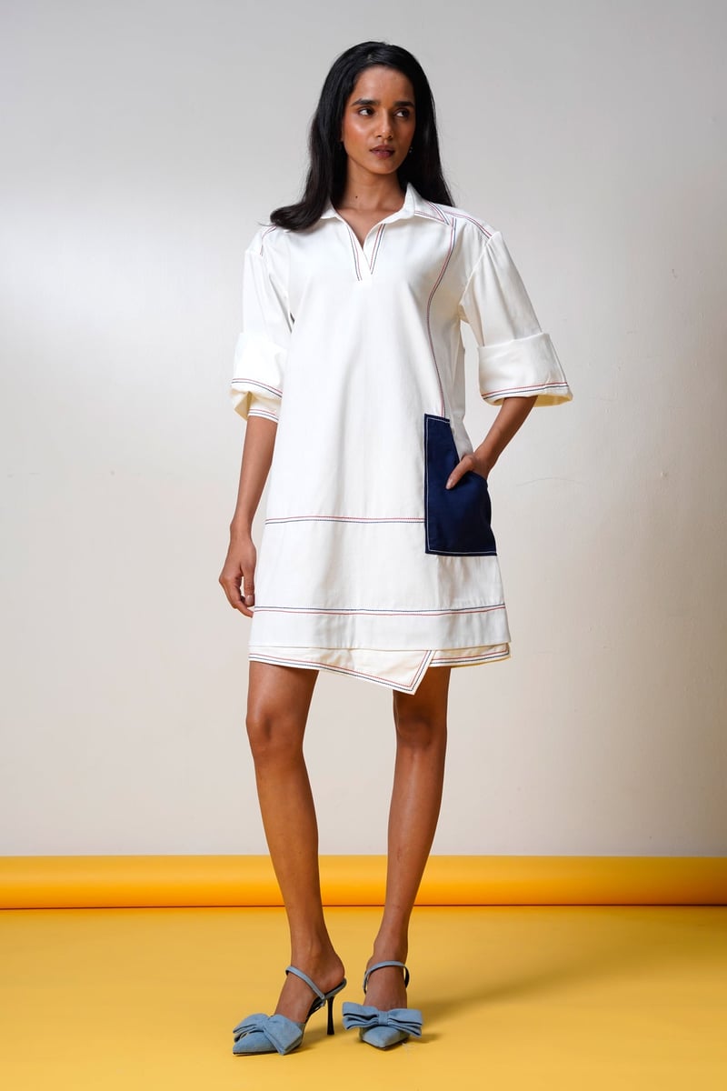 White Denim Mini Shirt Dress with Contrast Patch Pocket
