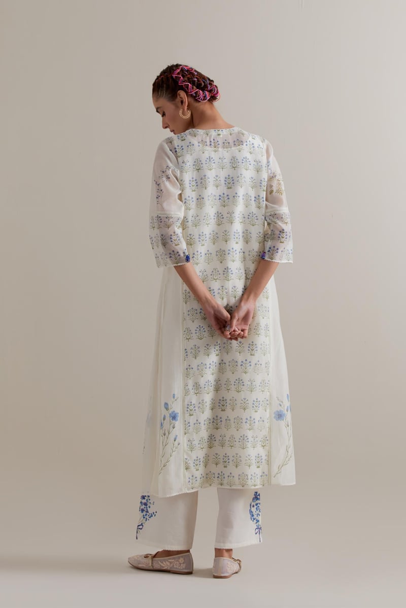 Off-White Floral Block Print Cotton Chanderi Kurta Set