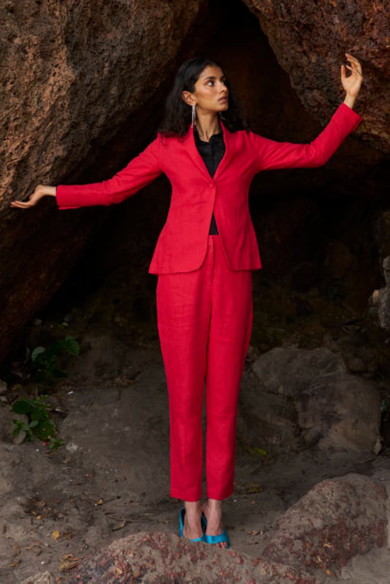 Red Linen Straight-Leg Trousers