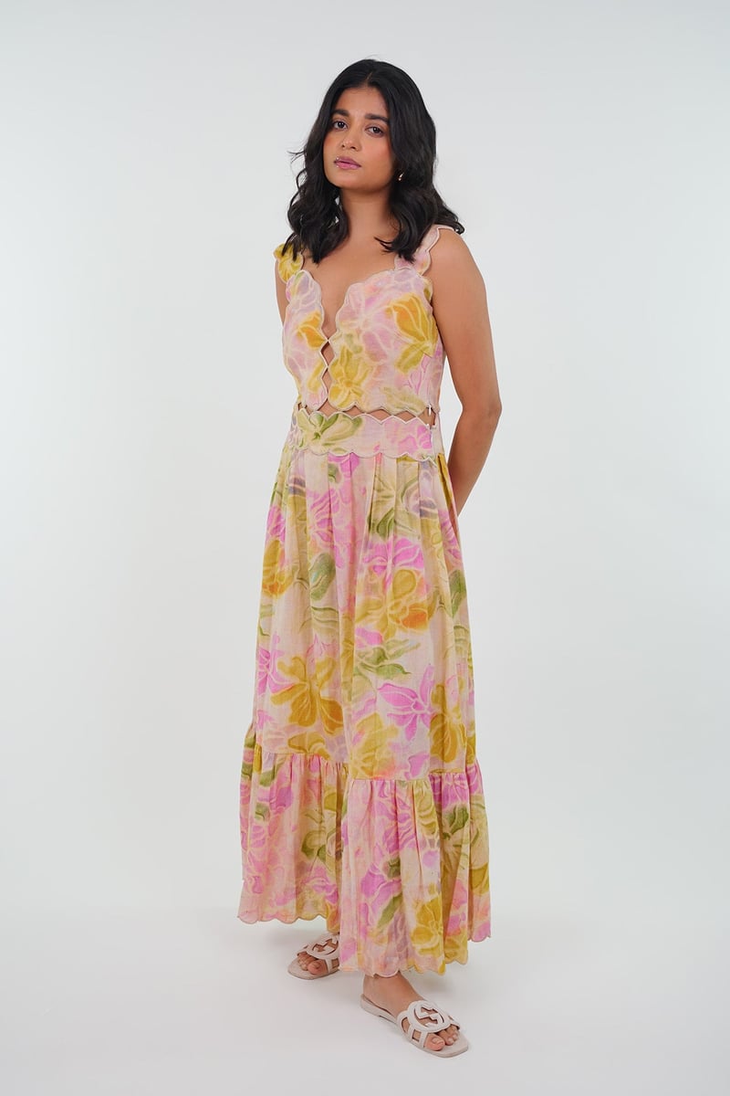 Multicolor Printed Linen Scallop Detail Midi Dress