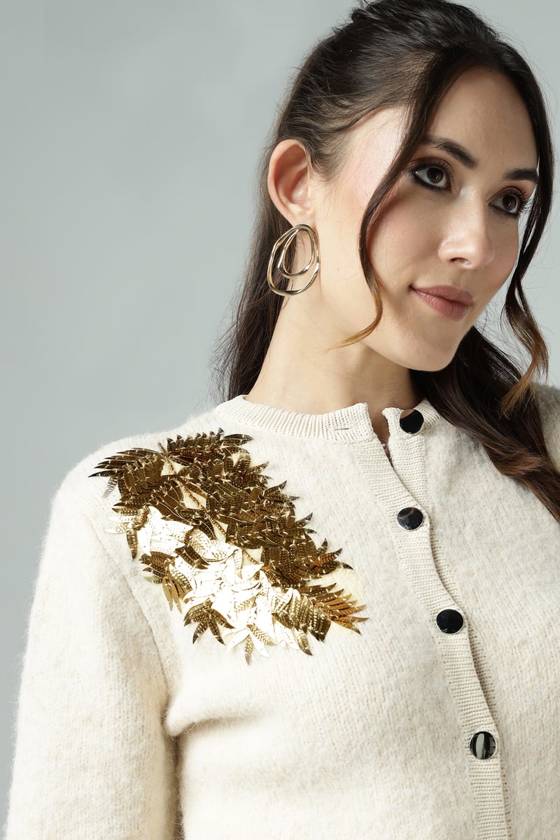Off-White Cropped Knit Cardigan with Sequin Shoulder Detail