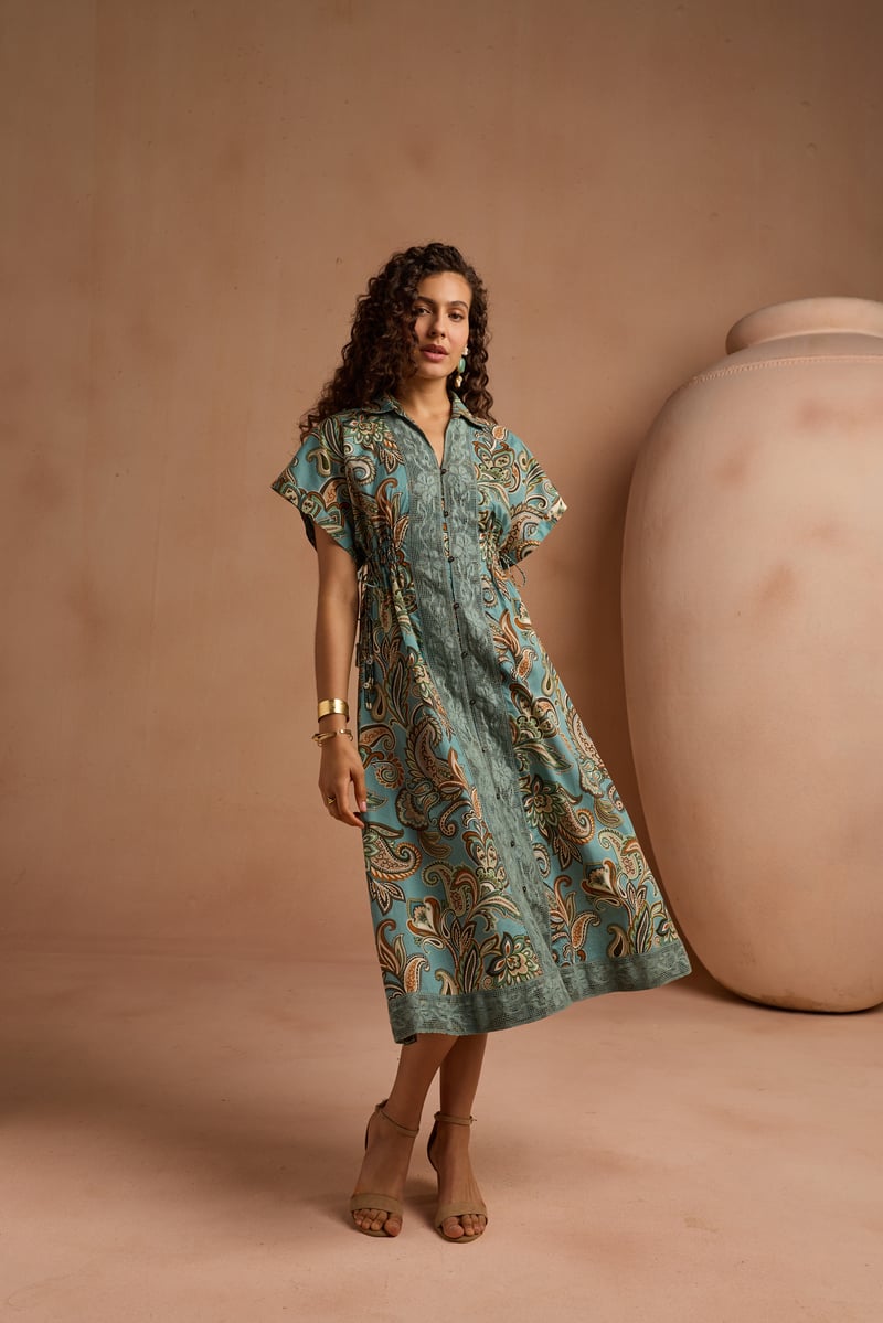 Blue Paisley Print Midi Shirt Dress with Waist Ties