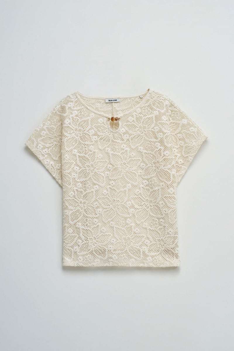 Light Beige Crochet T-Shirt with Keyhole Neck Detail