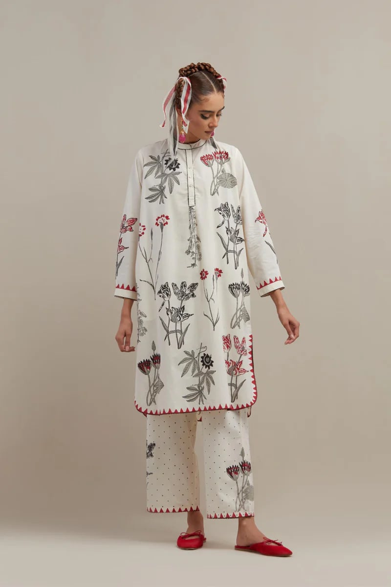 Off-White Floral Printed Straight Cotton Kurta Set with Dupatta