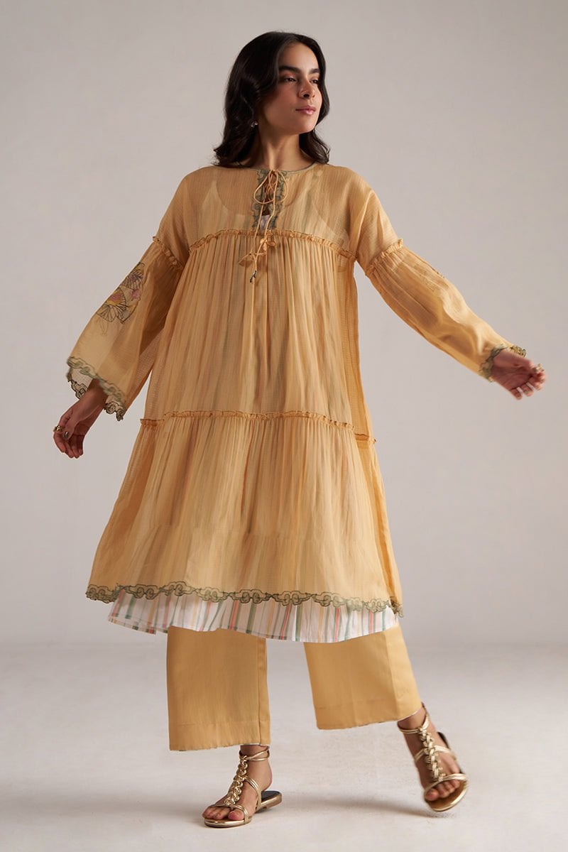 Apricot Cream Kota Silk Tiered Kurta Co-ord Set