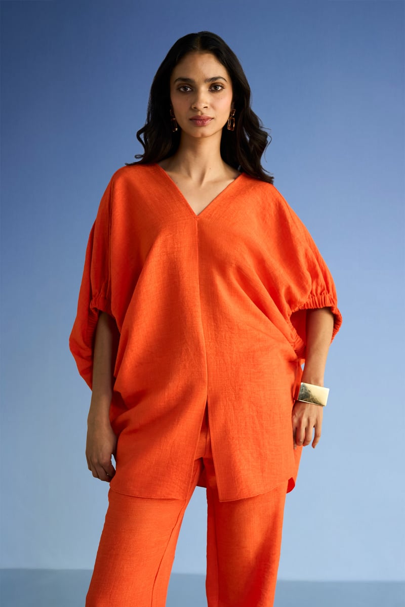 Tangerine Linen-Blend Longline Boxy Kaftan Top