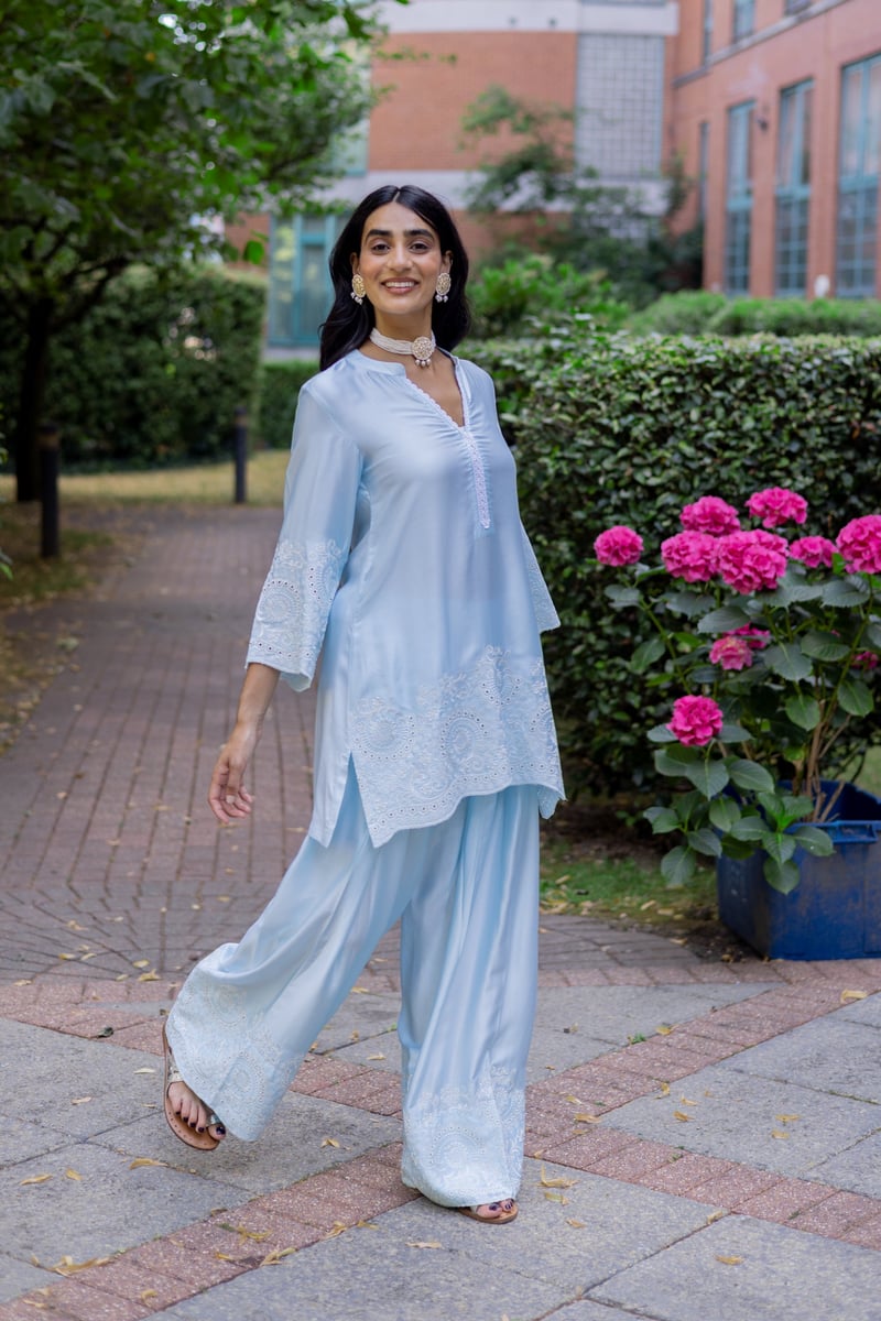 Light Blue Embroidered Kurta and Farshi Salwar Set