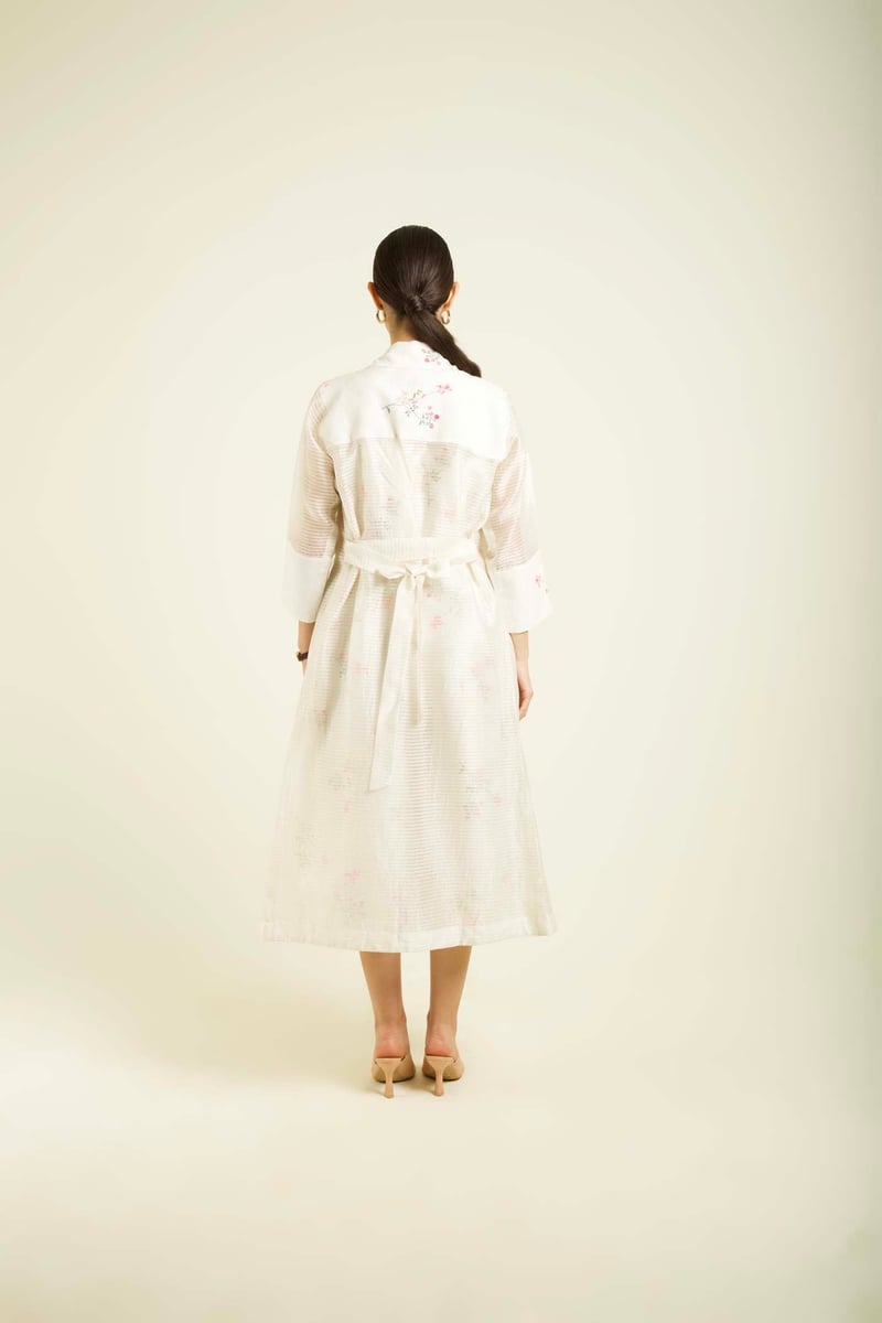 Ivory Floral Printed Linen Jumpsuit with Organza Jacket Set