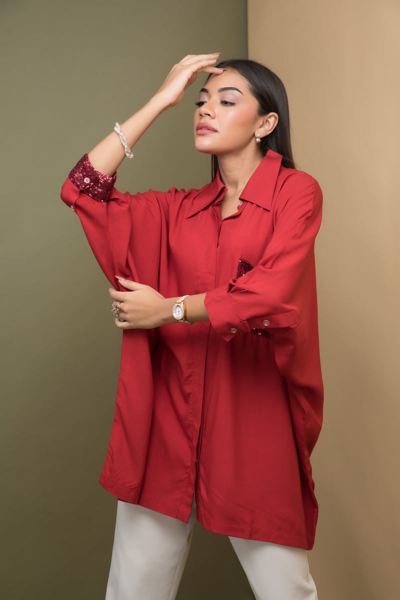 Ruby Red Kaftan-Fit Shirt with Sequin Pocket