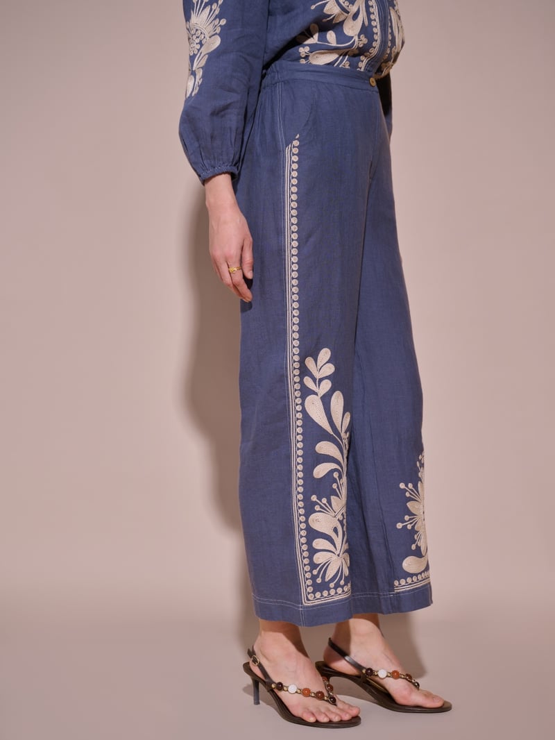 Blue High-Rise Wide-Leg Embroidered Trousers