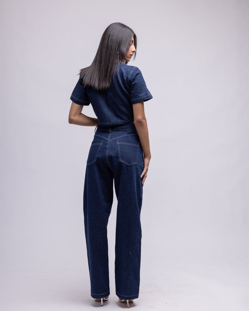 Dark Blue Crystal-Embellished Cropped Denim Top